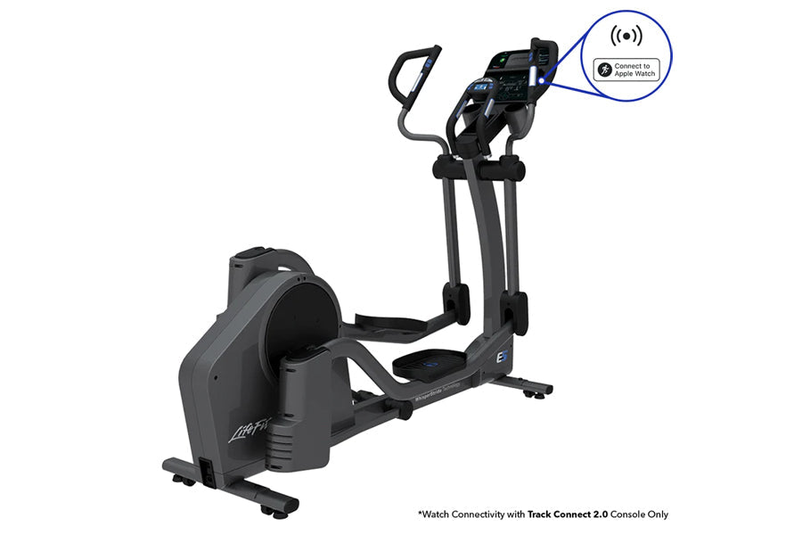Black Life Fitness E5 elliptical cross-trainer with dual handles and digital console displaying Apple Watch connectivity feat