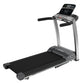 Life Fitness F3 folding treadmill with black running belt, gray frame, black handles, and digital display console on white ba