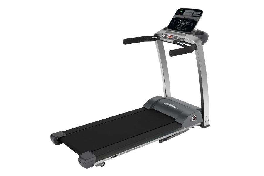 Life Fitness F3 folding treadmill with black running belt, gray frame, black handles, and digital display console on white ba