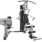 Multi-station home gym with white and black frame, padded seat, chest press, leg extension, and pull-down bar on white backgr