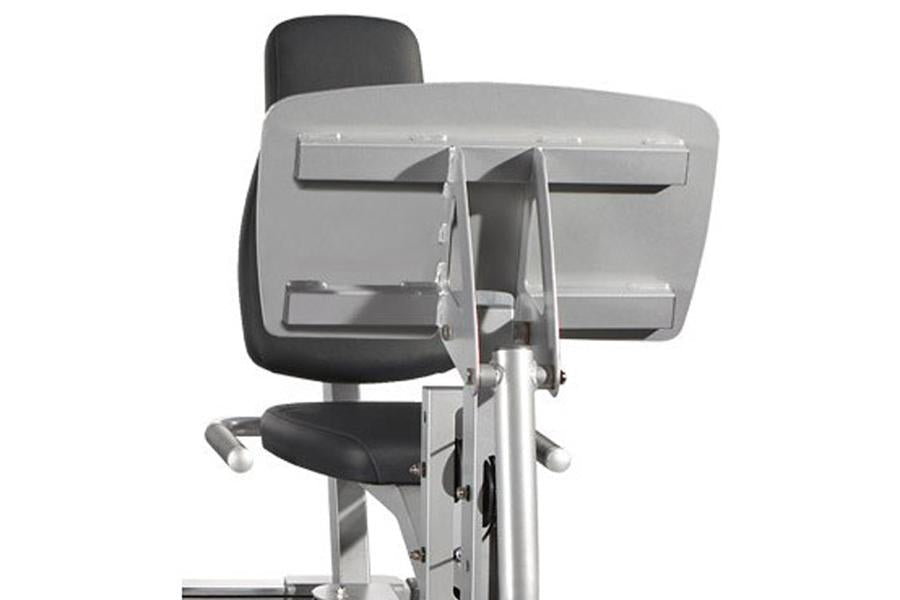 Life Fitness G2 home gym with silver frame, black padded seat, and dual gray storage compartments, shown from rear view
