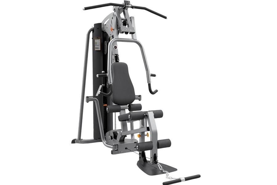Life Fitness G4 home gym machine with black padded seat and handles, silver frame, multiple resistance arms, on white backgro