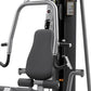 Life Fitness G4 home gym with gray metal frame, black padded seat and backrest, dual handle bars, and instruction panel on wh