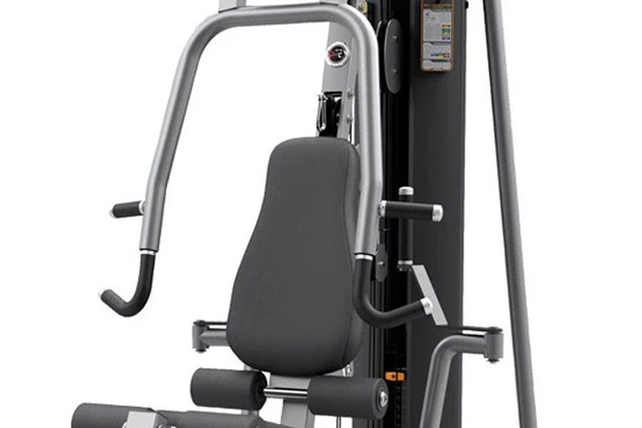 Life Fitness G4 home gym with gray metal frame, black padded seat and backrest, dual handle bars, and instruction panel on wh