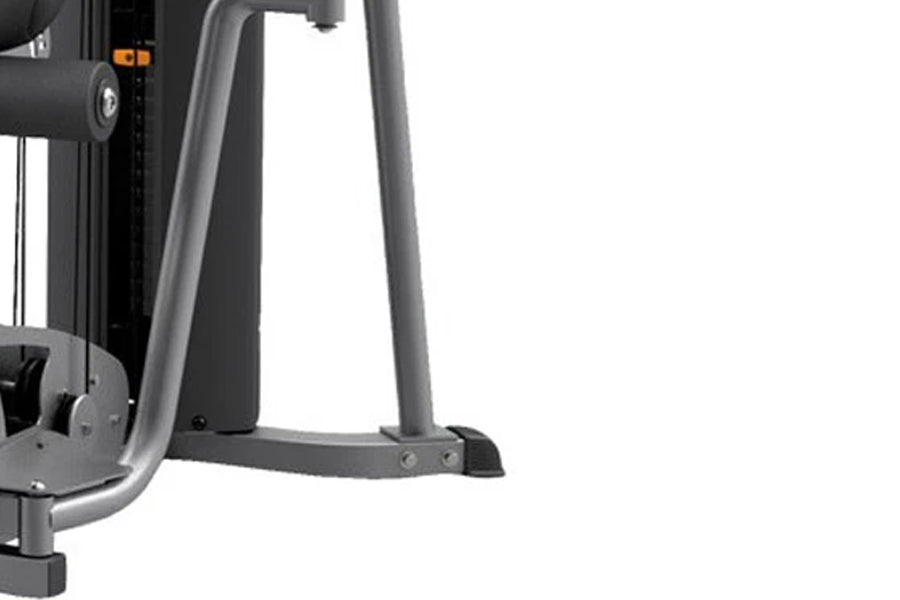 Black and gray Life Fitness G4 home gym machine with metal frame and angled support bars on white background