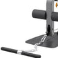 Gray and black home gym machine with padded handles, footplate, and gold pulleys, shown with detached cable attachment on whi