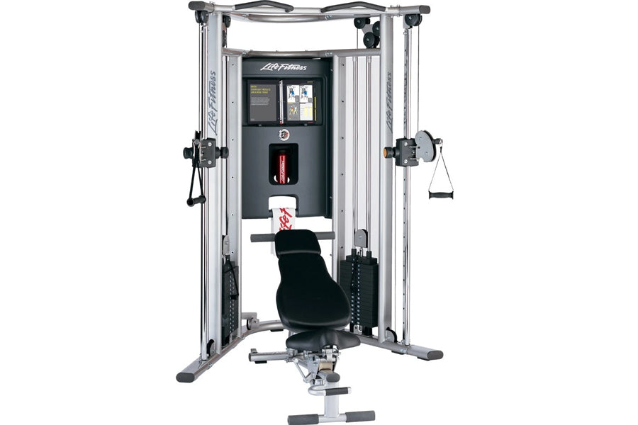 Life Fitness G7 home gym with silver frame, black seat, dual weight stacks, and cable attachments on white background