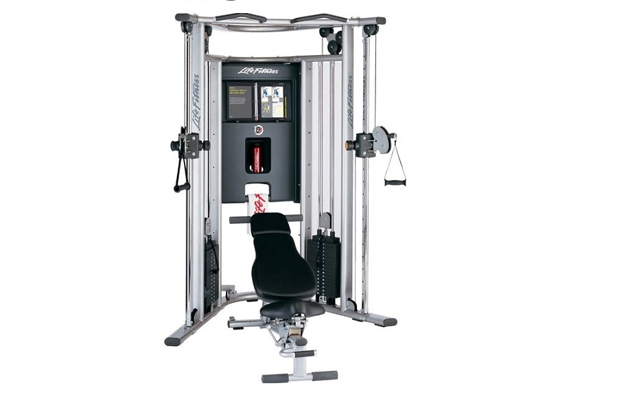 Life Fitness G7 multi-station home gym with silver frame, black seat, and dual cable machine arms on white background