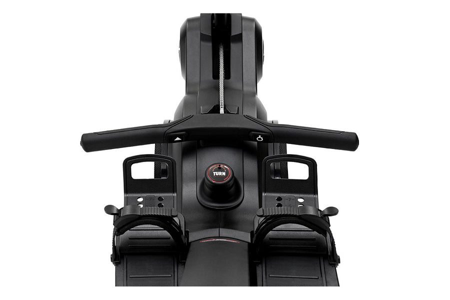 Black Life Fitness Heat Row rowing machine viewed from above, showing handlebar, turn knob control, and dual foot platforms o
