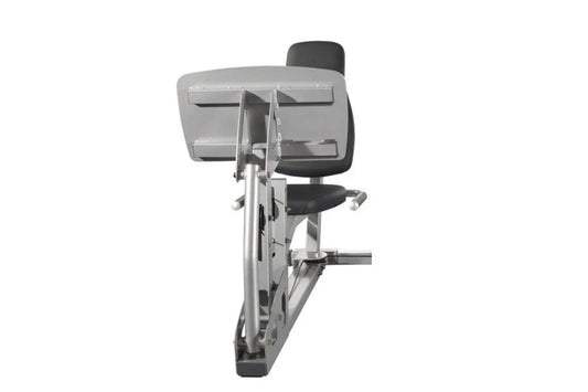 Life Fitness leg press attachment with gray metal frame, black padded seat and footplate, shown on white background