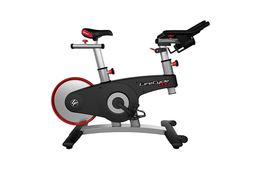 Life Fitness LifeCycle GX stationary exercise bike with black frame, red flywheel, gray accents, and adjustable seat and hand
