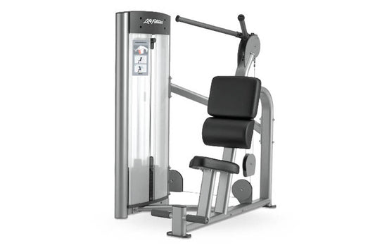 Life Fitness Optima Series silver and black commercial gym machine with padded seat, backrest, and leg extension attachment o