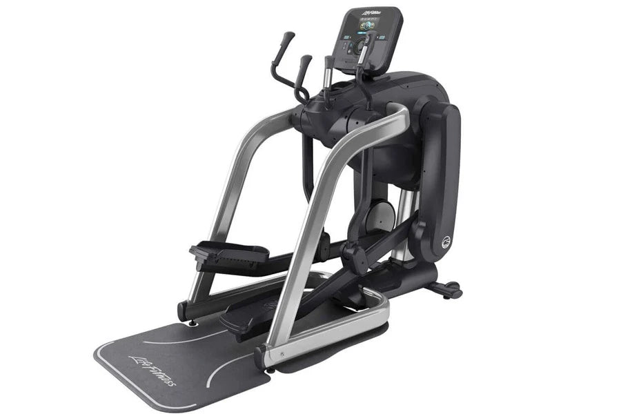 Life Fitness black and silver elliptical trainer with digital display console and dual handlebars on white background
