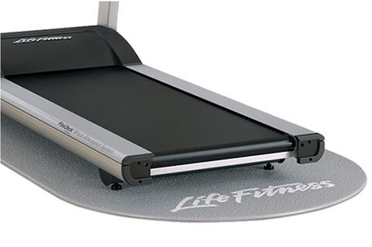 Life Fitness premium equipment mat in gray with white branding, shown under treadmill on white background