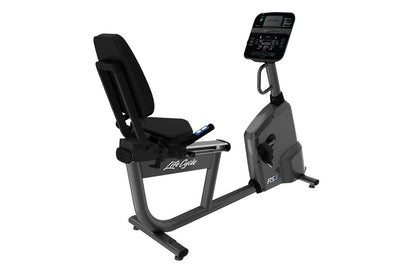 Life Fitness RS1 recumbent stationary bike with black padded seat, gray frame, digital display console, and foot pedals on wh
