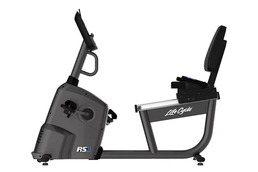 Life Fitness RS1 recumbent exercise bike with gray frame, black seat and backrest, upright handlebar, digital console, shown 