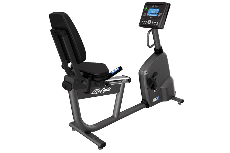 Life Fitness RS1 recumbent exercise bike with black padded seat, gray frame, digital console display, and foot pedals on whit
