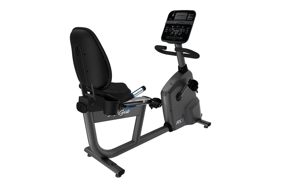 Black and gray recumbent exercise bike with padded seat, digital console display, and foot pedals on white background