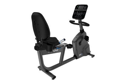 Black and gray recumbent exercise bike with padded seat, digital console display, and foot pedals on white background