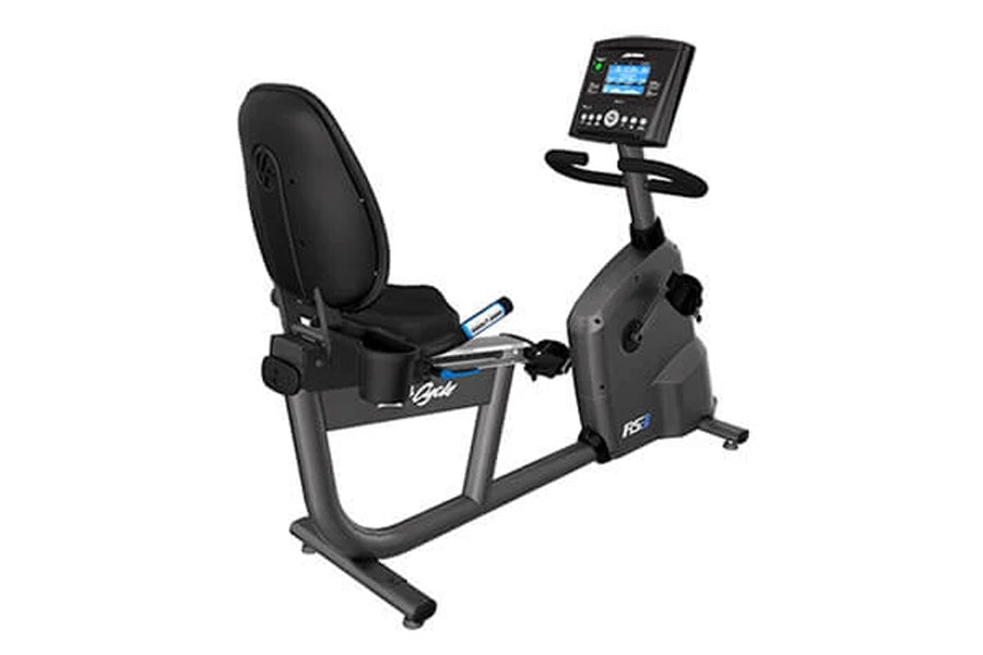 Black recumbent exercise bike with digital console display, padded seat and backrest, mounted on gray frame against white bac