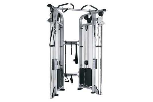 Life Fitness Signature Series Cable Motion machine with silver frame, dual cable stations, black weight stacks, and adjustabl