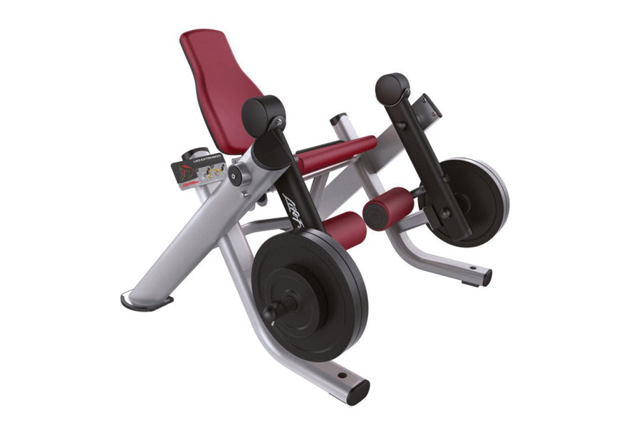 Gray and burgundy plate-loaded leg extension machine with black wheels and padded seat, shown from angled view on white backg