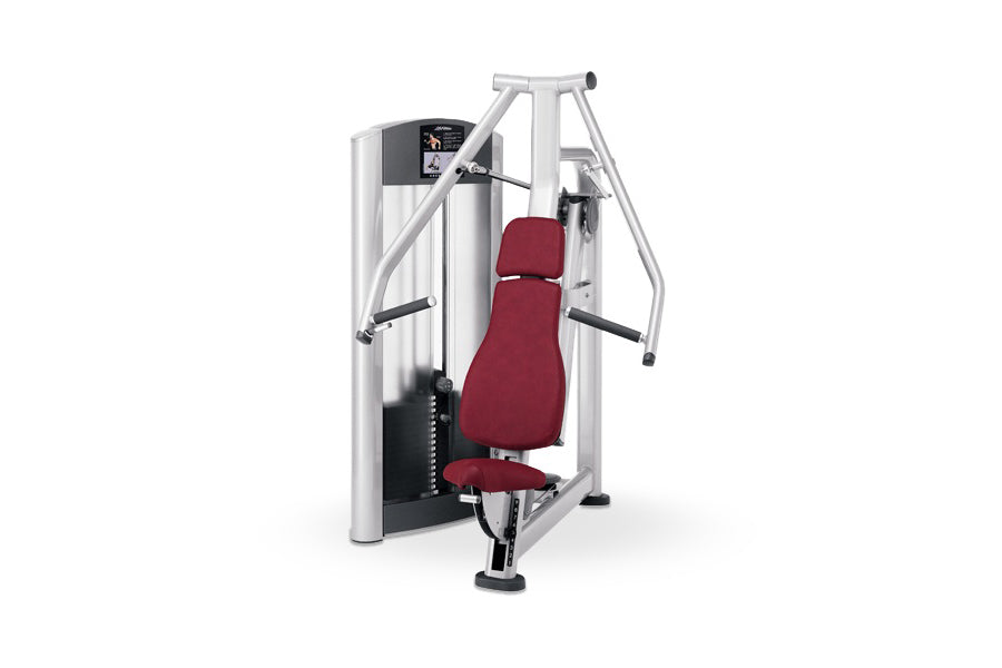 Life Fitness Signature Series chest press machine with silver frame, burgundy padded seat and backrest, digital display, and 