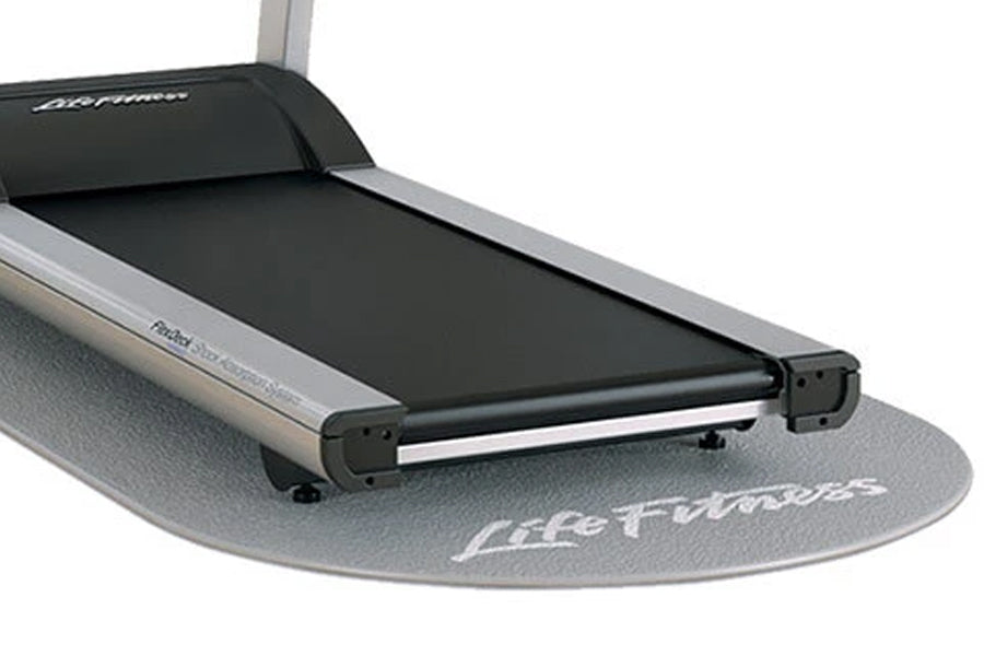Life Fitness T3 treadmill with black running belt and gray base, shown on gray mat with white logo