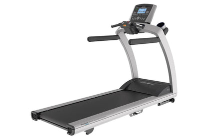 Life Fitness T5 treadmill with silver frame, black running deck and console display on white background