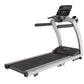 Silver and black motorized treadmill with digital console display and black running deck, on white background