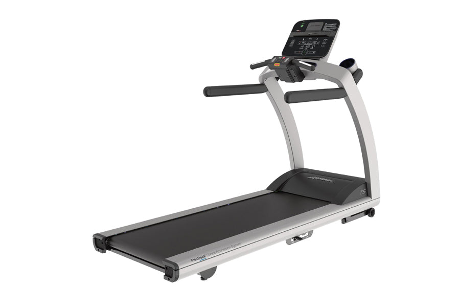 Silver and black motorized treadmill with digital console display and black running deck, on white background