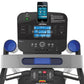 Life Fitness T5 treadmill with black frame, blue handrails, blue display console showing workout stats, smartphone holder, an