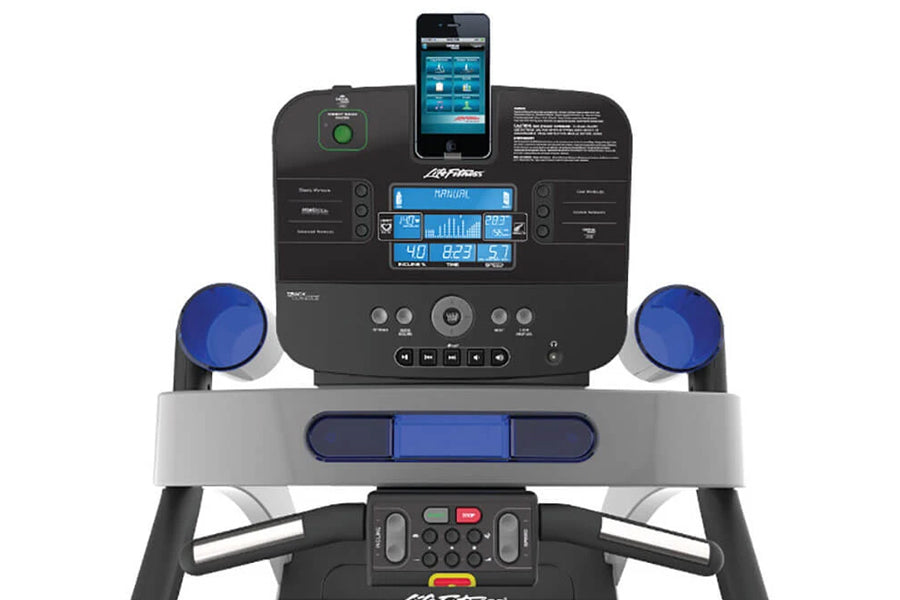 Life Fitness T5 treadmill with black frame, blue handrails, blue display console showing workout stats, smartphone holder, an