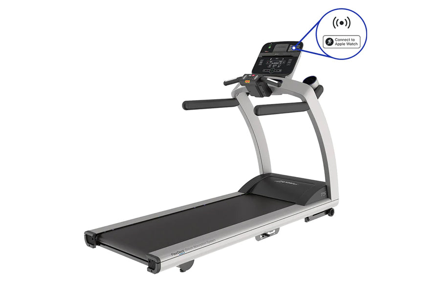 Life Fitness T5 treadmill with gray and black frame, black running belt, digital console with Apple Watch connectivity shown 