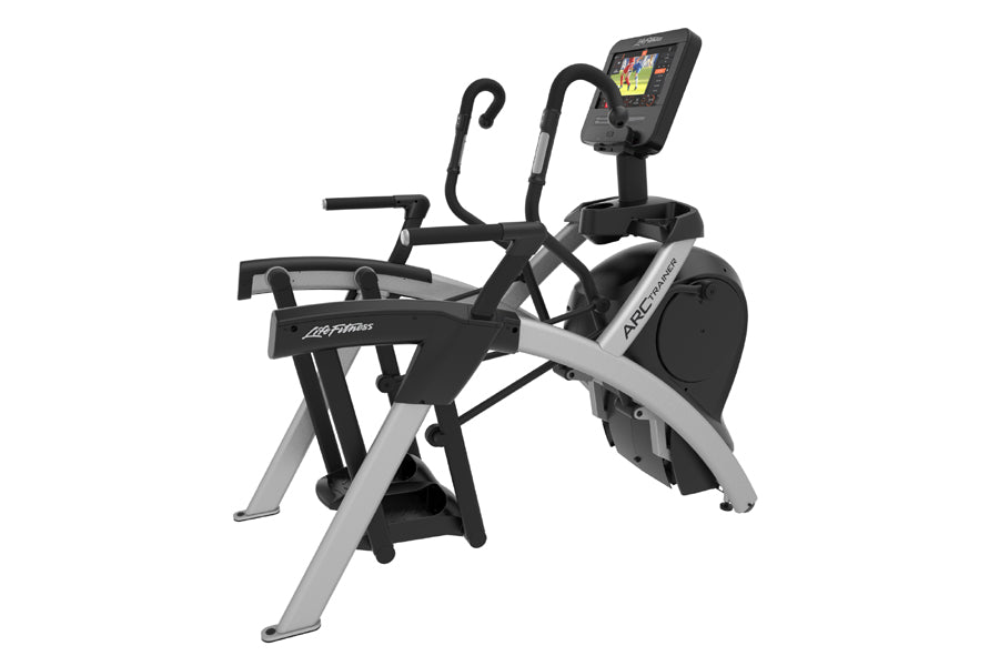 Life Fitness Club Series Total Body Arc Trainer elliptical with black and silver frame, dual handles, and digital display mon