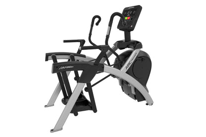 Life Fitness Club Series arc trainer elliptical with black and silver frame, dual handlebars, and digital display console on 