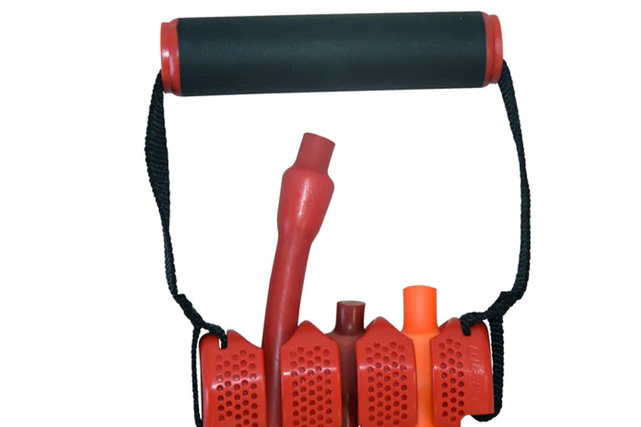 Lifeline Max Flex resistance band handles with red perforated grips and black foam-padded bar with red accents, flat lay on w