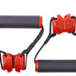 Pair of resistance band handles with black foam grip and red perforated plastic ends with black webbing straps, shown on whit