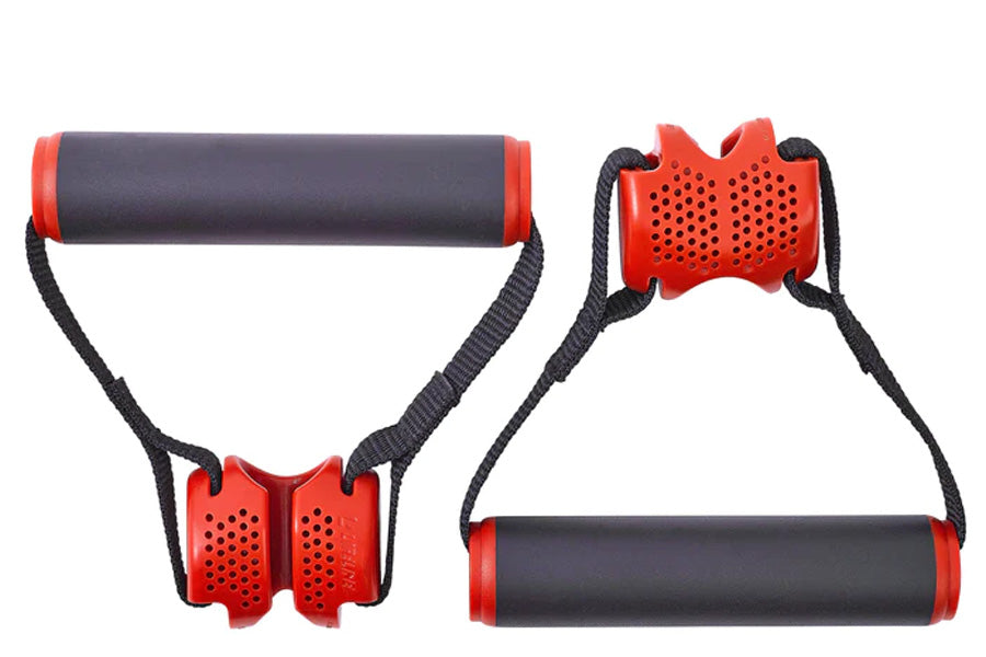 Pair of resistance band handles with black foam grip and red perforated plastic ends with black webbing straps, shown on whit