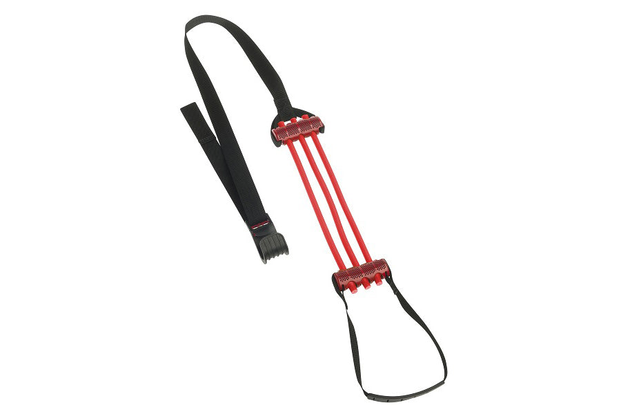 Black and red resistance band pull-up assist with looped handles and elastic training straps on white background
