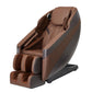 Brown and charcoal zero gravity massage chair with padded headrest and footrest on white background