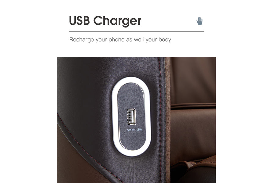 White oval USB charger with black center panel mounted on dark leather furniture