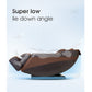 Brown and gray massage chair with zero gravity recline on blue base, shown at super low lie down angle
