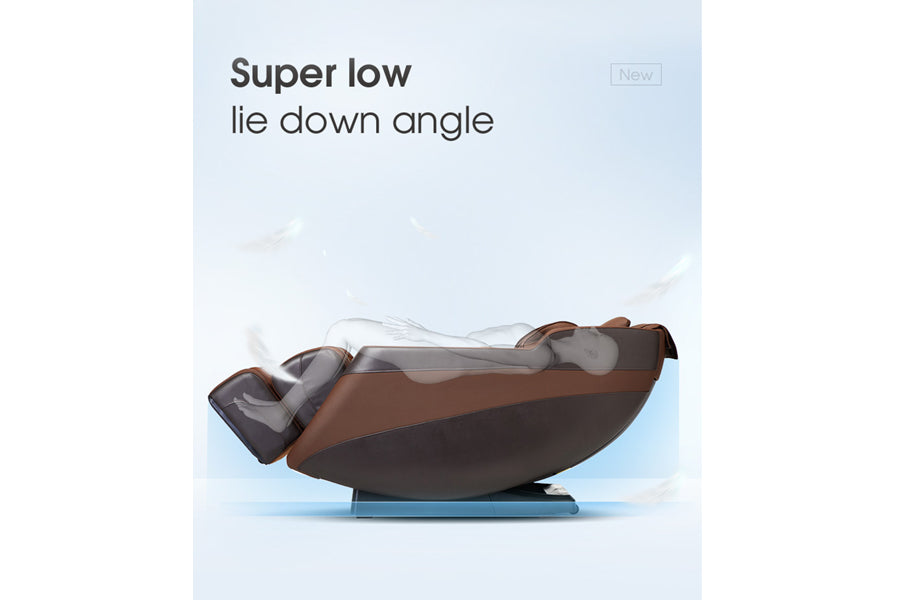 Brown and gray massage chair with zero gravity recline on blue base, shown at super low lie down angle