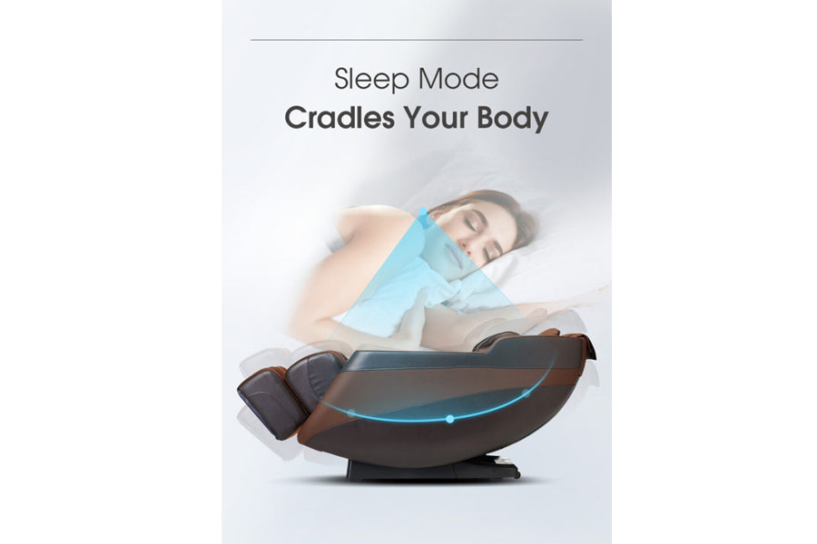 Brown leather zero gravity massage chair with blue accent lighting, person reclining in sleep mode with blue support wrap