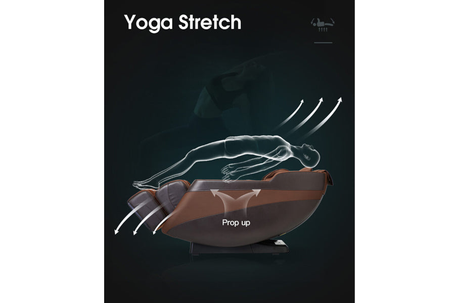 Brown massage chair with body outline showing yoga stretch function, prop up feature highlighted, on dark background
