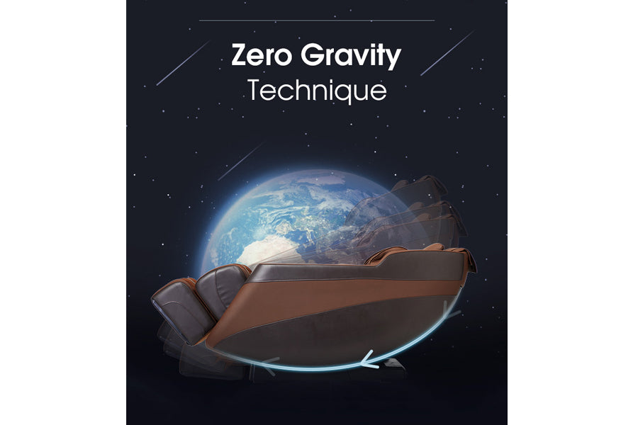 Brown leather massage chair floating in zero gravity above Earth in space, with blue glowing outline effect