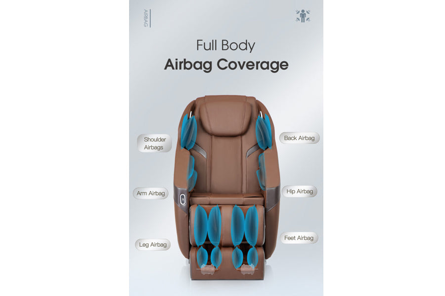 Brown leather massage chair with blue airbag coverage zones labeled for shoulders, back, arms, hips, legs, and feet, front vi
