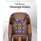 Brown leather massage chair with blue and orange rollers highlighted on backrest, front view on wooden floor