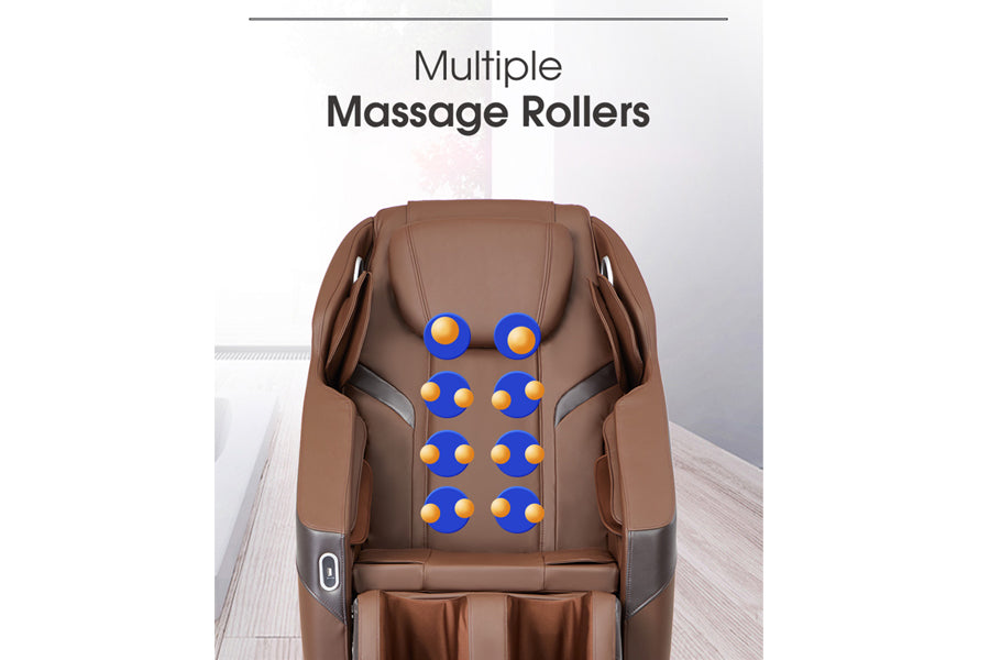 Brown leather massage chair with blue and orange rollers highlighted on backrest, front view on wooden floor